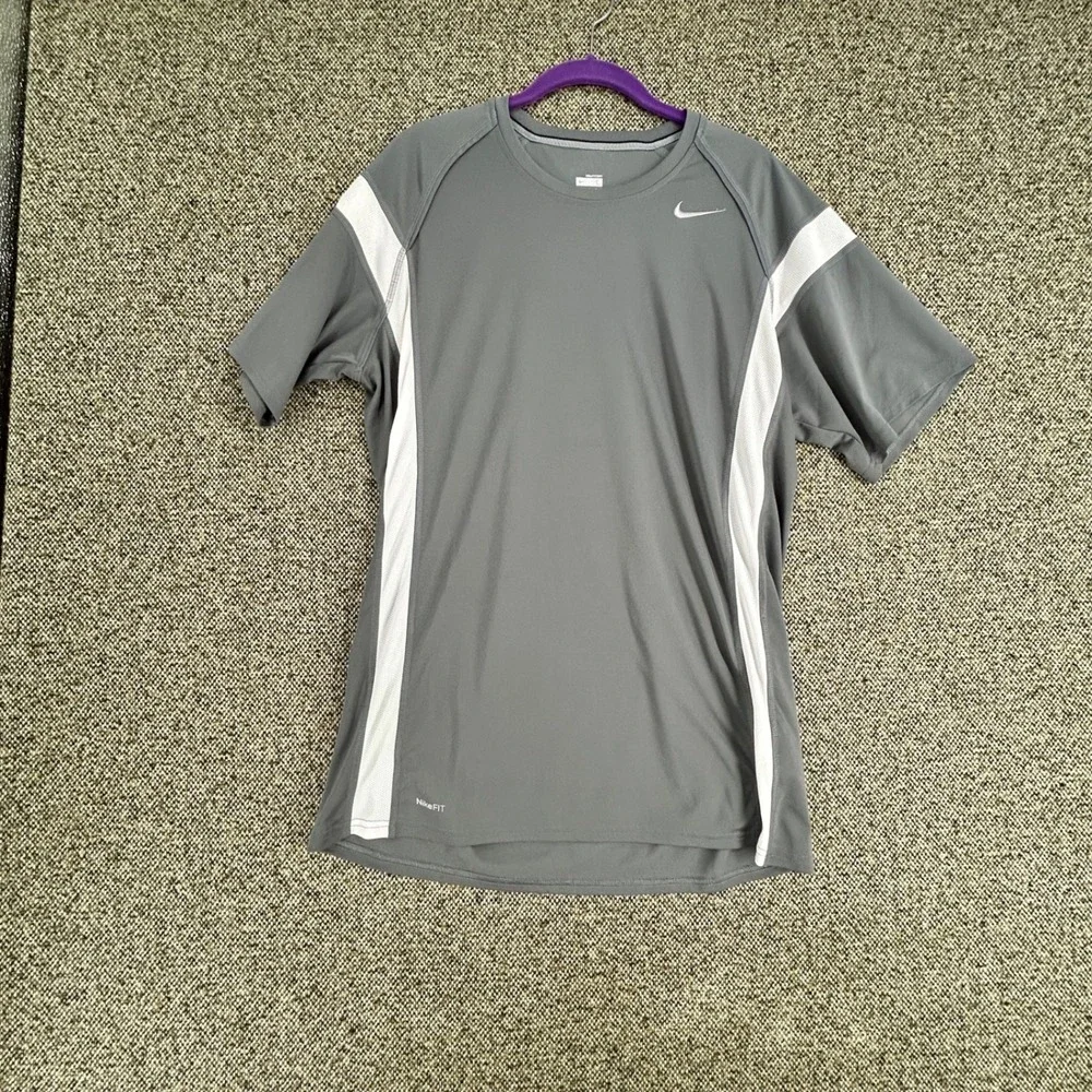 Nike FIT DRY Running Shirt Mens Large Gray Short Sleeve Mesh Training Tee